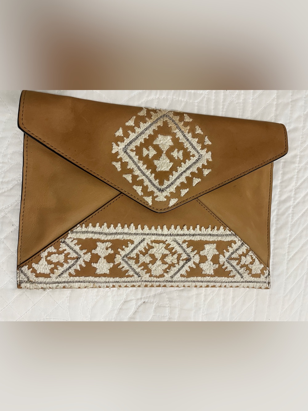 Rebecca Minkoff Tan Envelope Clutch with White Embroidery